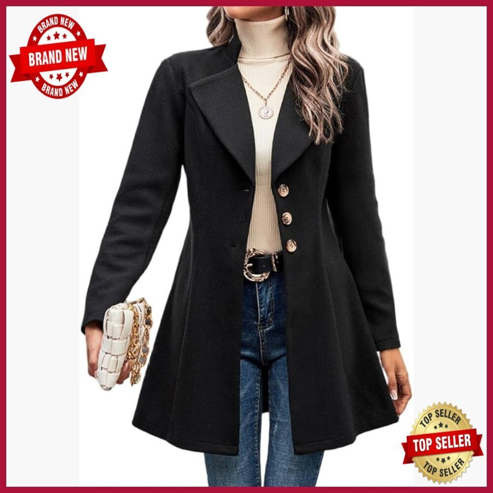 Long Wool Pea Coat Trench Blazer Jacket Women's Fall Winter Slim Fit